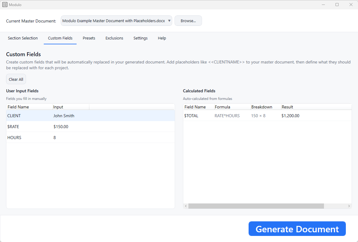 Modulo's Custom Fields tab showing user input fields for client, rate and hours, plus a calculated total field