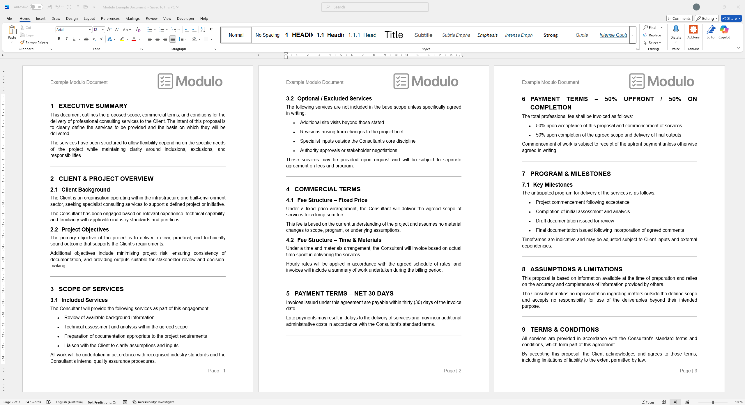 A master Word document open in Word, with numbered sections covering every part of a proposal