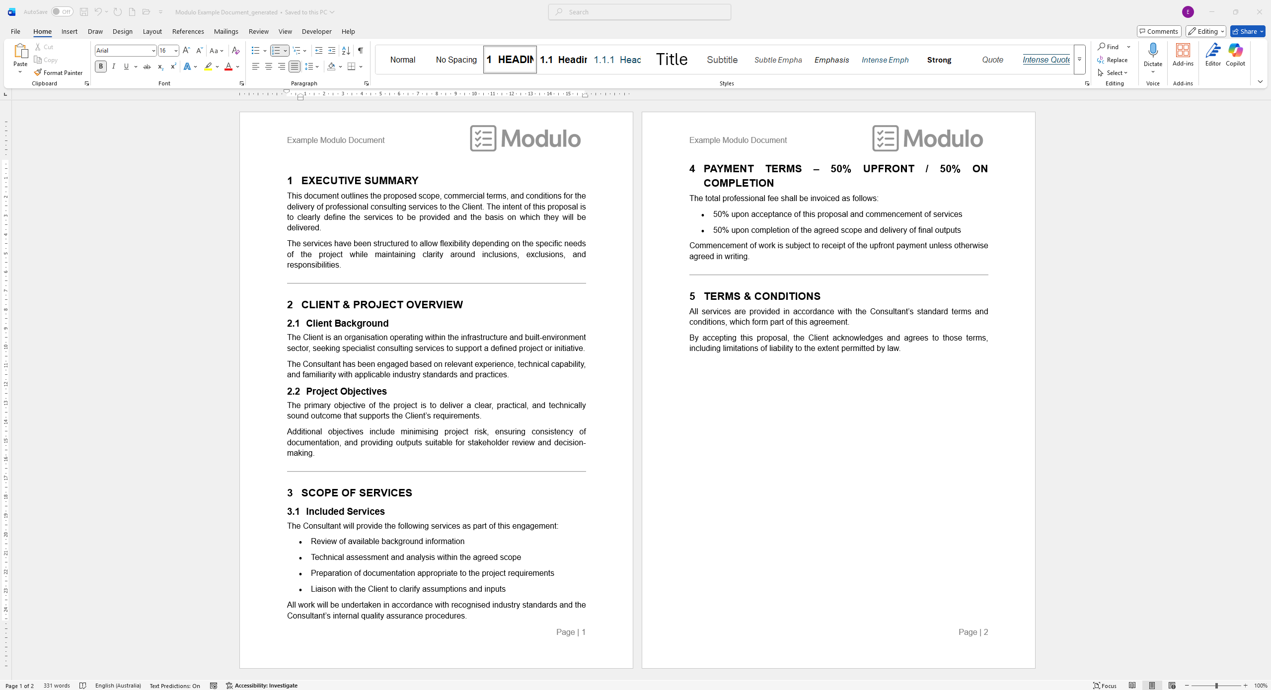 A generated Word document containing only the selected sections, cleanly renumbered and formatted